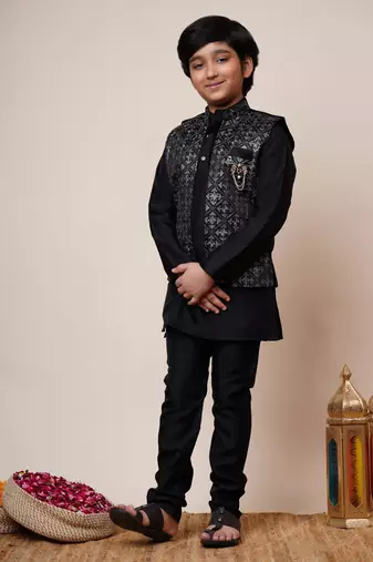 Boys black cotton silk geometric zari embroidered kurta pyjama set with shrug