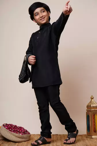 Boys black cotton silk geometric zari embroidered kurta pyjama set with shrug