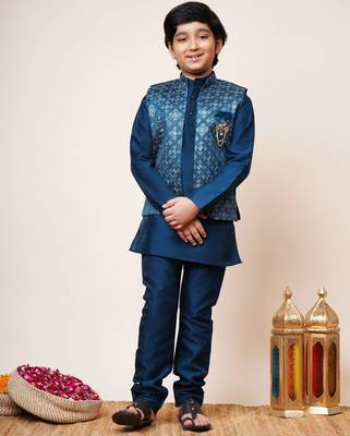 Boys royal blue cotton silk geometric zari embroidered kurta pyjama set with shrug 1
