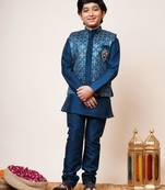 Boys royal blue cotton silk geometric zari embroidered kurta pyjama set with shrug