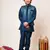 Boys royal blue cotton silk geometric zari embroidered kurta pyjama set with shrug