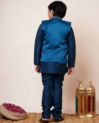 Boys royal blue cotton silk geometric zari embroidered kurta pyjama set with shrug 2