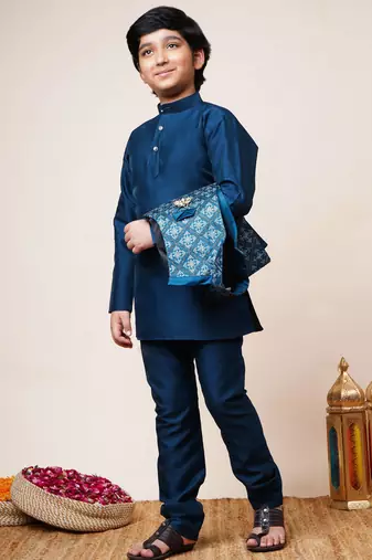 Boys royal blue cotton silk geometric zari embroidered kurta pyjama set with shrug