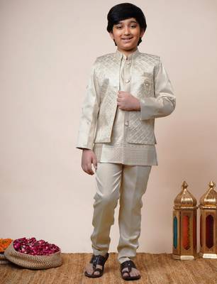 Boys beige satin geometric sequined embroidered sherwani & trouser set with shrug 1