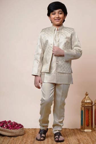 Boys beige satin geometric sequined embroidered sherwani & trouser set with shrug