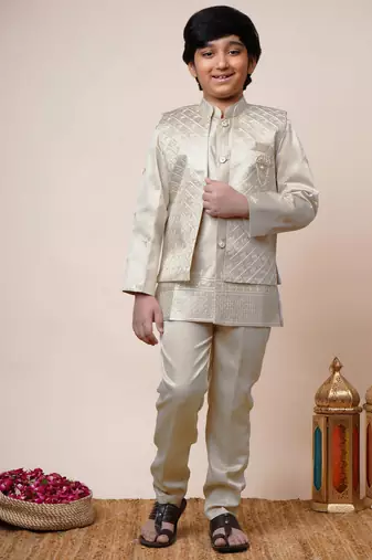 Boys beige satin geometric sequined embroidered sherwani & trouser set with shrug