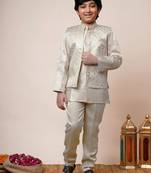 Boys beige satin geometric sequined embroidered sherwani & trouser set with shrug
