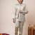 Boys beige satin geometric sequined embroidered sherwani & trouser set with shrug