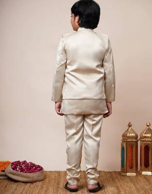 Boys beige satin geometric sequined embroidered sherwani & trouser set with shrug 2