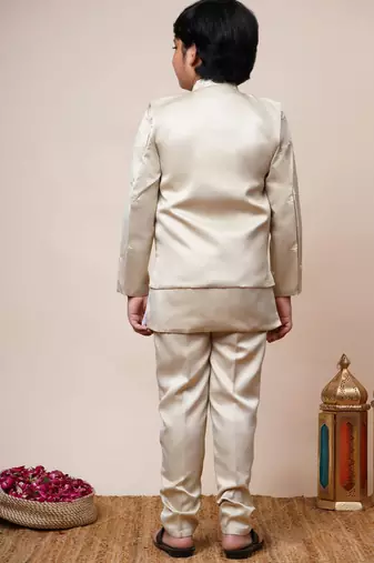 Boys beige satin geometric sequined embroidered sherwani & trouser set with shrug