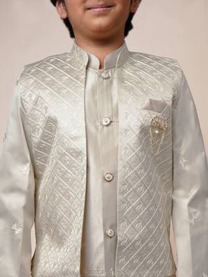 Boys beige satin geometric sequined embroidered sherwani & trouser set with shrug 3