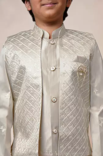 Boys beige satin geometric sequined embroidered sherwani & trouser set with shrug
