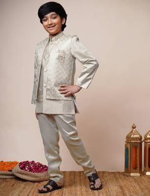 Boys beige satin geometric sequined embroidered sherwani & trouser set with shrug 4