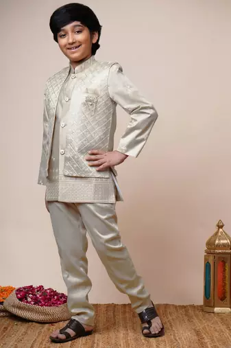 Boys beige satin geometric sequined embroidered sherwani & trouser set with shrug