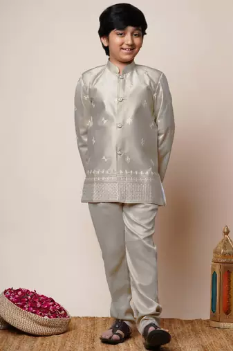 Boys beige satin geometric sequined embroidered sherwani & trouser set with shrug