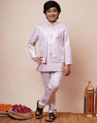 Boys light pink satin geometric sequined embroidered sherwani & trouser set with shrug 1