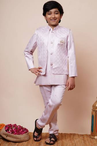 Boys light pink satin geometric sequined embroidered sherwani & trouser set with shrug