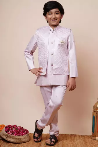 Boys light pink satin geometric sequined embroidered sherwani & trouser set with shrug