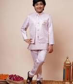 Boys light pink satin geometric sequined embroidered sherwani & trouser set with shrug