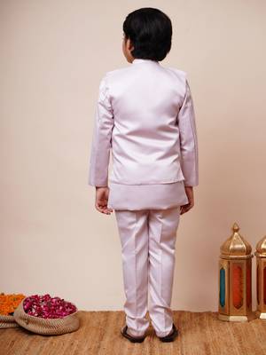 Boys light pink satin geometric sequined embroidered sherwani & trouser set with shrug 2