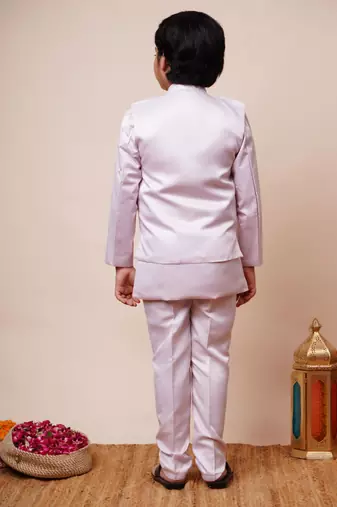 Boys light pink satin geometric sequined embroidered sherwani & trouser set with shrug