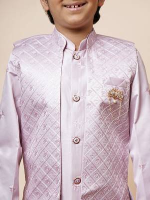 Boys light pink satin geometric sequined embroidered sherwani & trouser set with shrug 3