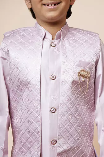 Boys light pink satin geometric sequined embroidered sherwani & trouser set with shrug