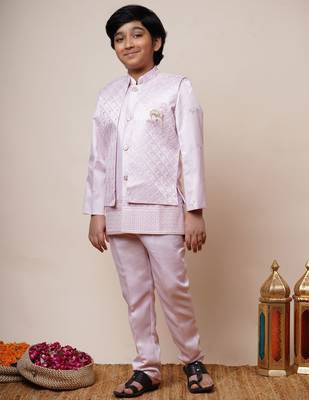 Boys light pink satin geometric sequined embroidered sherwani & trouser set with shrug 4