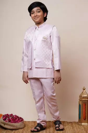 Boys light pink satin geometric sequined embroidered sherwani & trouser set with shrug
