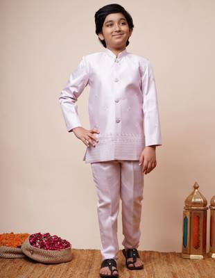 Boys light pink satin geometric sequined embroidered sherwani & trouser set with shrug 5