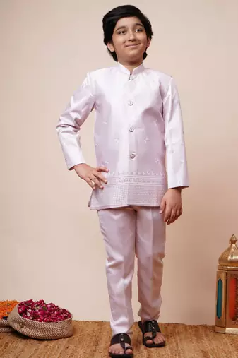Boys light pink satin geometric sequined embroidered sherwani & trouser set with shrug