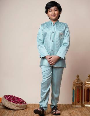 Boys aqua blue satin geometric sequined embroidered sherwani & trouser set with shrug 1