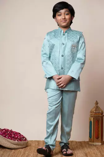 Boys aqua blue satin geometric sequined embroidered sherwani & trouser set with shrug