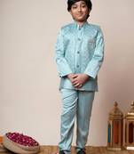 Boys aqua blue satin geometric sequined embroidered sherwani & trouser set with shrug