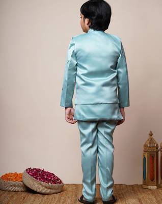 Boys aqua blue satin geometric sequined embroidered sherwani & trouser set with shrug 2