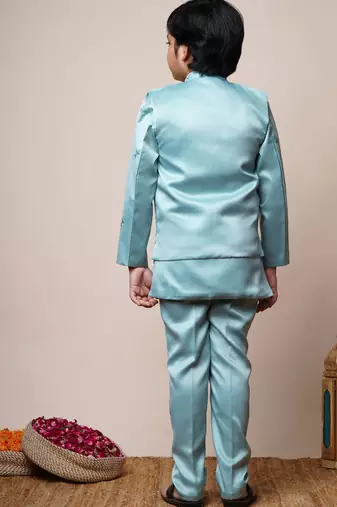 Boys aqua blue satin geometric sequined embroidered sherwani & trouser set with shrug