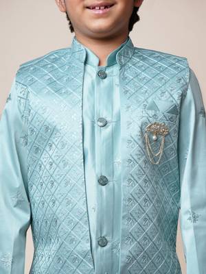Boys aqua blue satin geometric sequined embroidered sherwani & trouser set with shrug 3