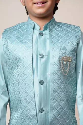 Boys aqua blue satin geometric sequined embroidered sherwani & trouser set with shrug