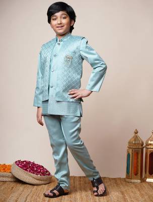 Boys aqua blue satin geometric sequined embroidered sherwani & trouser set with shrug 4