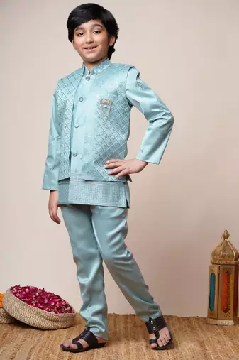Boys aqua blue satin geometric sequined embroidered sherwani & trouser set with shrug