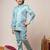Boys aqua blue satin geometric sequined embroidered sherwani & trouser set with shrug