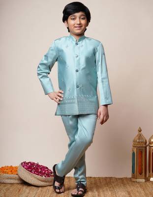 Boys aqua blue satin geometric sequined embroidered sherwani & trouser set with shrug 5