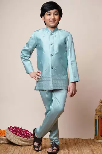 Boys aqua blue satin geometric sequined embroidered sherwani & trouser set with shrug