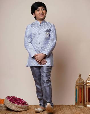 Boys grey jacquard scallop motifs sherwani set 1