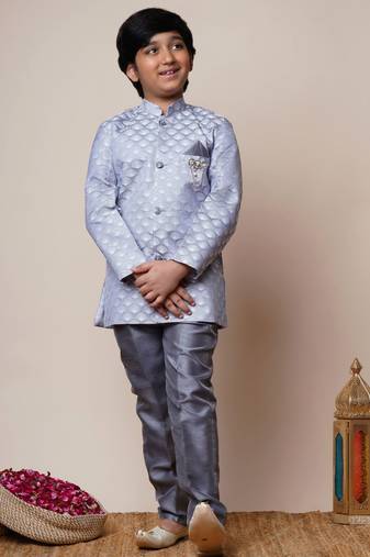 Boys grey jacquard scallop motifs sherwani set