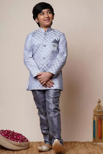 Boys grey jacquard scallop motifs sherwani set