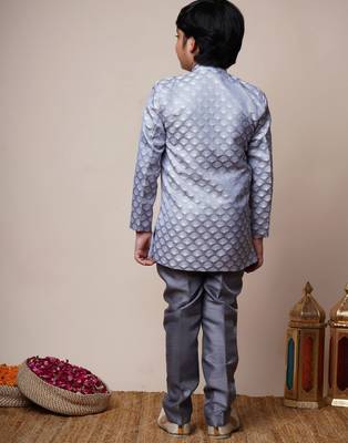 Boys grey jacquard scallop motifs sherwani set 2
