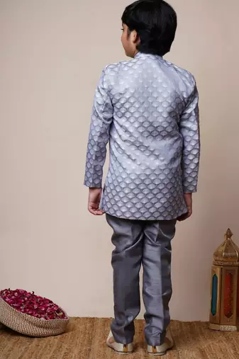 Boys grey jacquard scallop motifs sherwani set