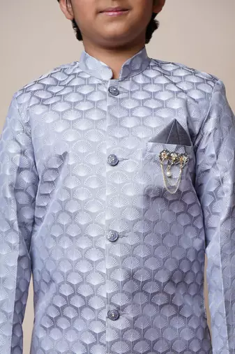 Boys grey jacquard scallop motifs sherwani set