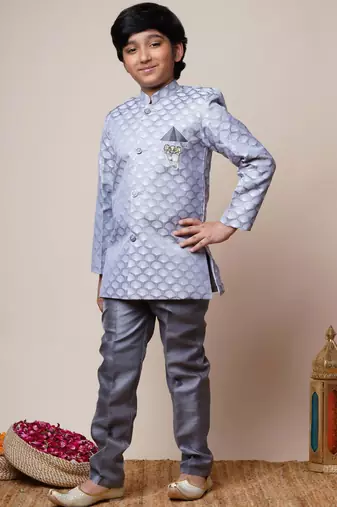 Boys grey jacquard scallop motifs sherwani set